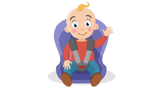 Child fastened in a car seat waving on a white.